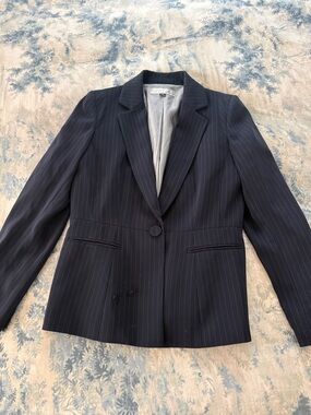 Tahari ASL Navy Pinstripe Single-Button Blazer